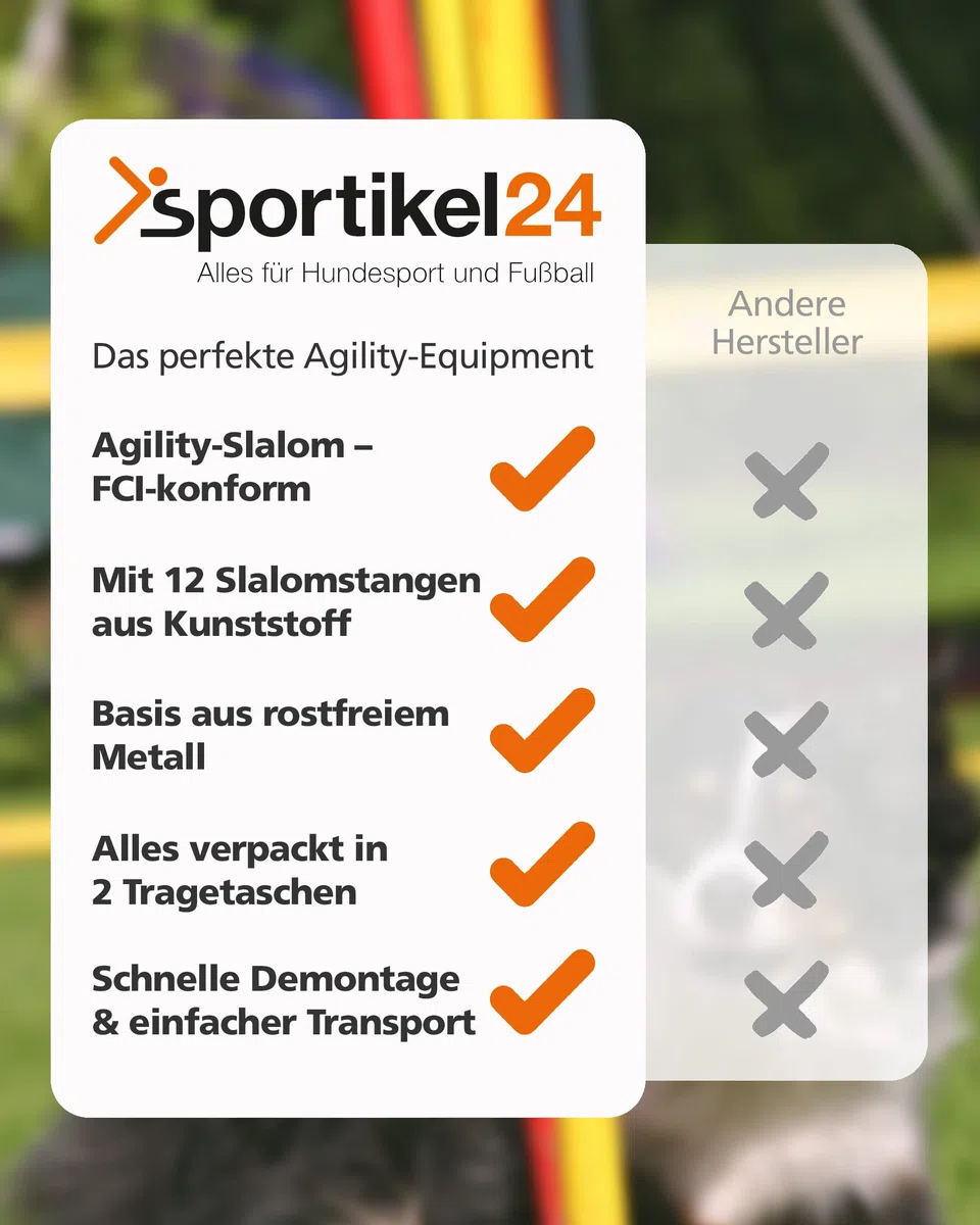 Agility-Slalom – Slalom für Turnier & Agility-Training – mit 12 Stangen & und Basis aus Metall – stabile Ausführung – FCI-konform – Set mit Tragetaschen
