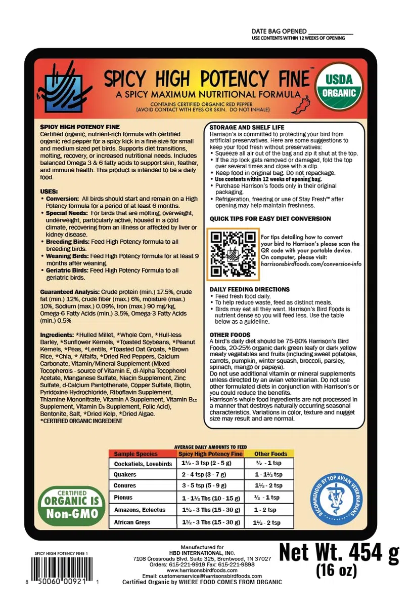 Harrison's Bird Foods Würziges hochwirksames fein – maximale Nährstoffformel für kleine bis mittelgroße Vögel, zertifiziertes biologisches, gentechnikfreies Haustier-Vogelfutter, tierärztlich