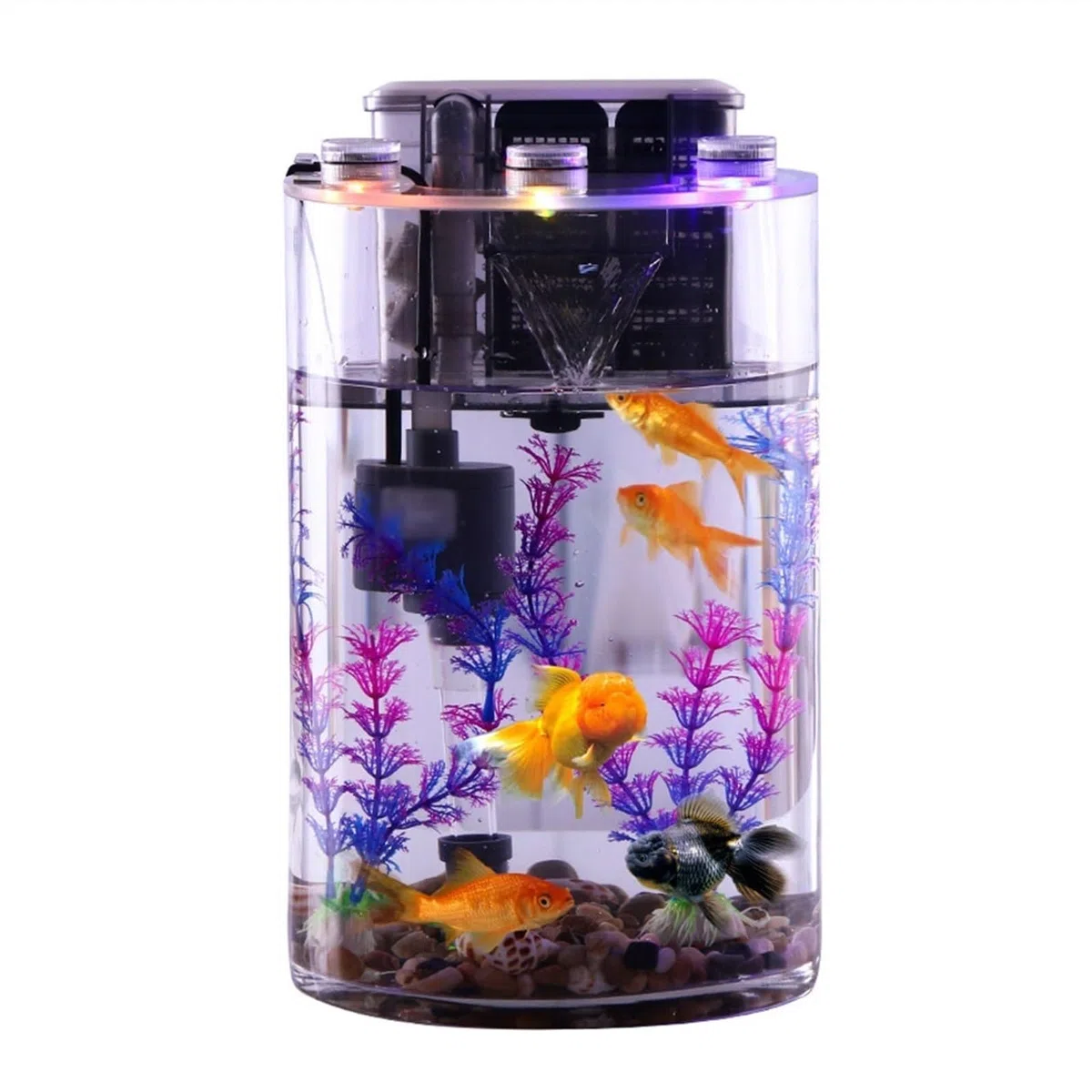 Aquarium, zylindrisch, transparentes Glas, verdicktes kleines Aquarium mit Filterpumpe und LED-Lichtern, einfaches ökologisches Aquarium, Wohnzimmer