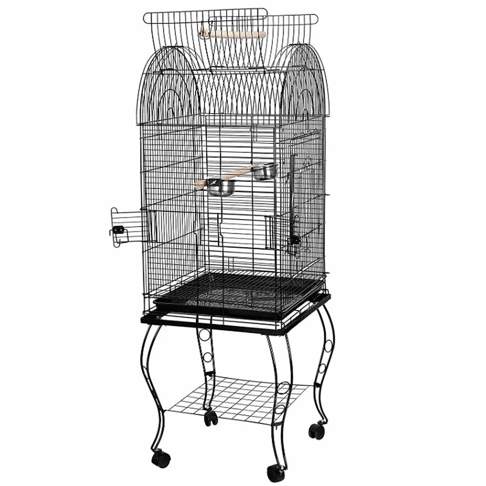 Käfig für Vögel, massiv, Vogelkäfig, auf Fuß, Voliere, Vögel, Innen/Außen, Käfig, Vögel, für Wellensittiche, Kanarienvögel, Schwarz auf Rollen, 59 x 59 x 150 cm