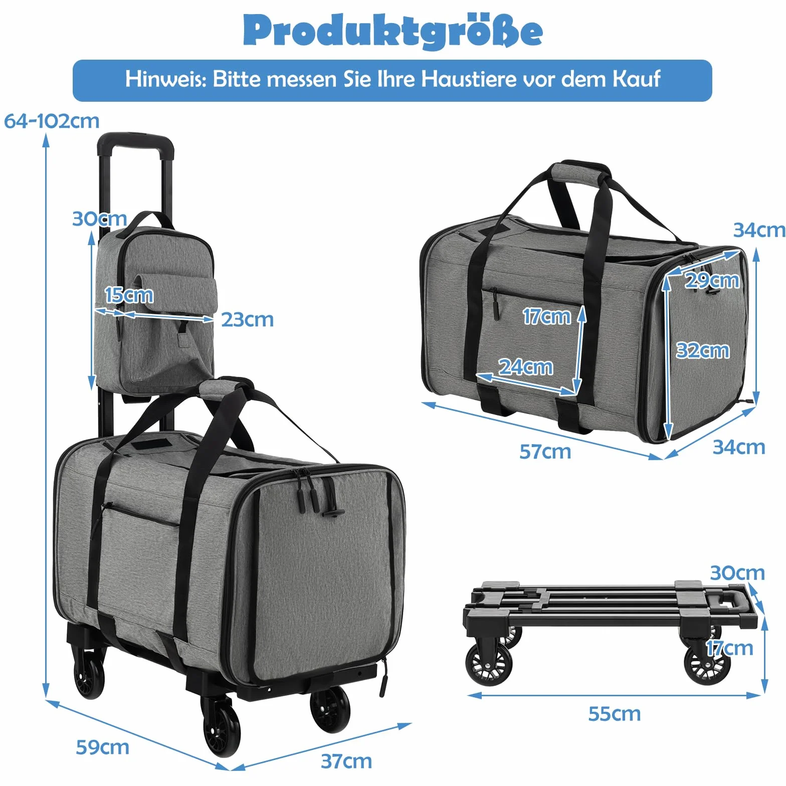 COSTWAY Transportbox Katze, Hunde Tragetasche Mobil, Transporttasche mit Teleskopgriff & Rädern & kleine Tasche, klappbare Reisebox für kleine & mittelgroße Haustiere, Hundebox Katzentasche, Grau