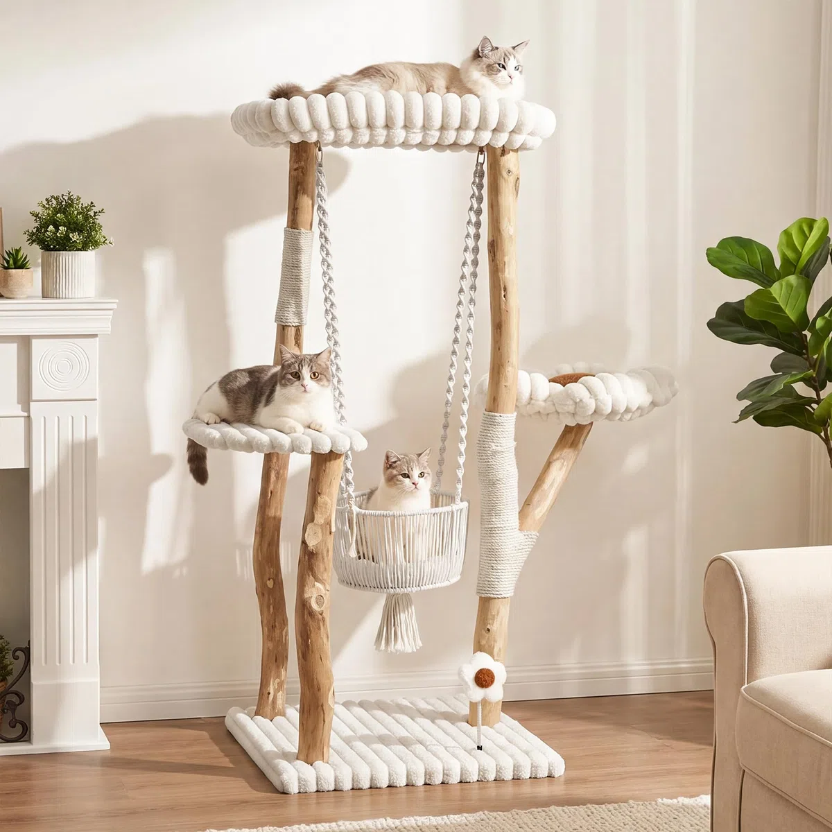Massiver Katzenbaum aus Holz mit Kratzstämmen, 132 cm hoher Katzenkratzbaum mit Schaukelkorb, waschbarem Kissen, baumelndem Spielzeug, Kletterbaum aus Holz für mehrere Katzen in der Wohnung, einfache