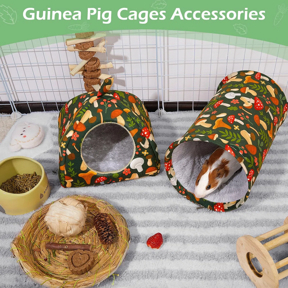 Bienbee Meerschweinchen-Versteck Waschbares Kaninchenbett mit Meerschweinchentunnel, 2 Stück, Meerschweinchen-Spielzeug-Set, Hasenversteck Käfigzubehör für Hamster, Frettchen, Kaninchen, Hase, grüner