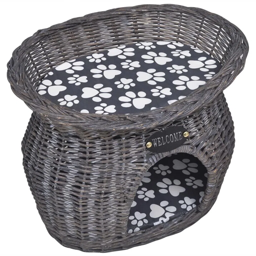 Mangloder Kuschelhöhle für Katzen aus Weide mit Kissen, graues Katzenbett Höhle Korb Schlafsack, weich und warm als Liege für Haustier Schlafplatz, für Wohnung, Garten und Terrasse