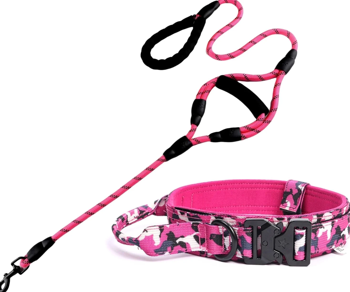 Hundehalsband, Taktisches Hundehalsband- und Leinen-Set, verstellbar, weiches Hundehalsband aus Nylon for mittelgroße große Hunde, reflektierender 1,5 m Langer Hundeleinengriff(Pink Set,XL)