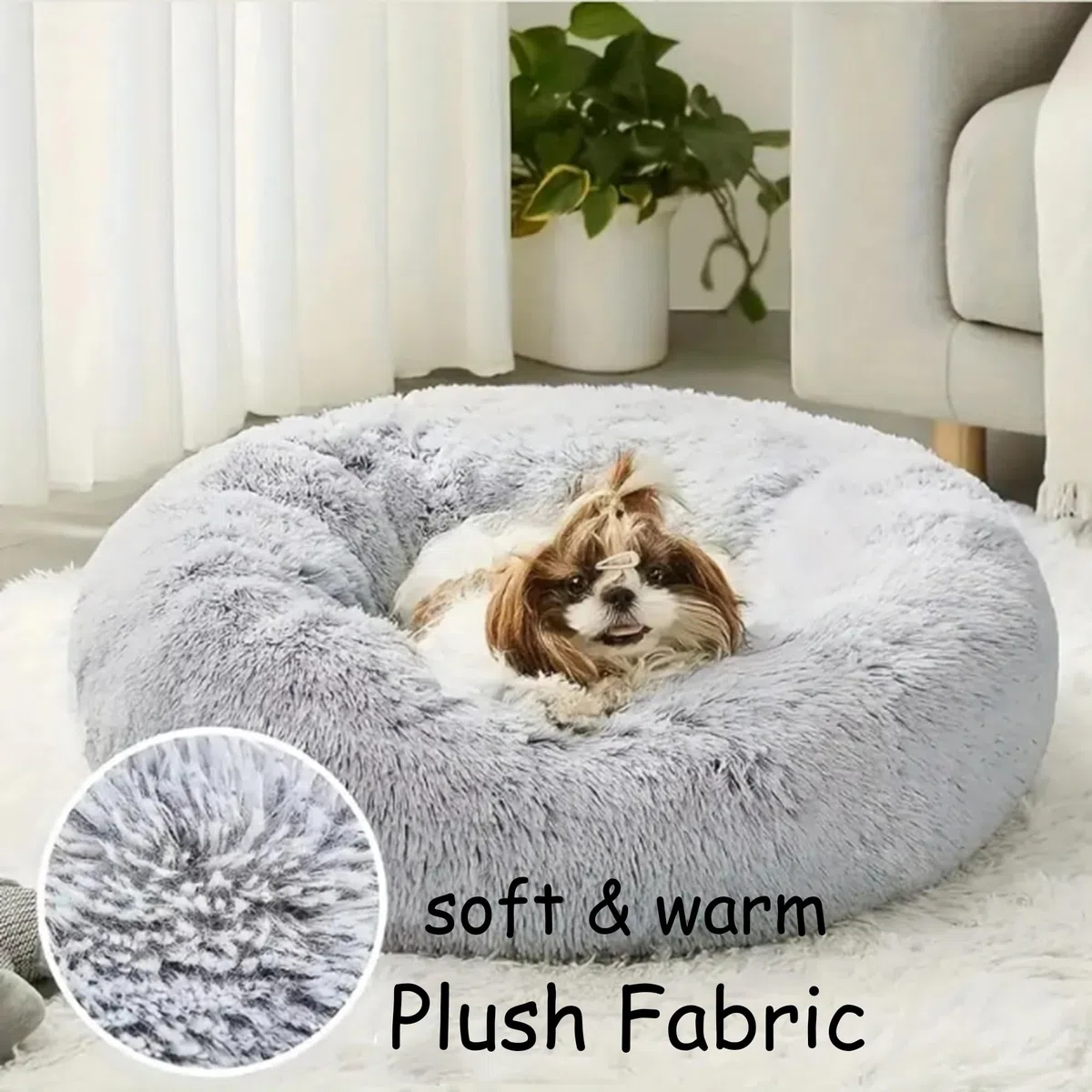 Plüsch-Donut-Kuschel-Hundebett, rund, waschbar, Anti-Angstzustände, flauschiges Haustierkissen, rutschfest, mittelgroß, weich, warm (150 x 150 x 20 cm, Beige)