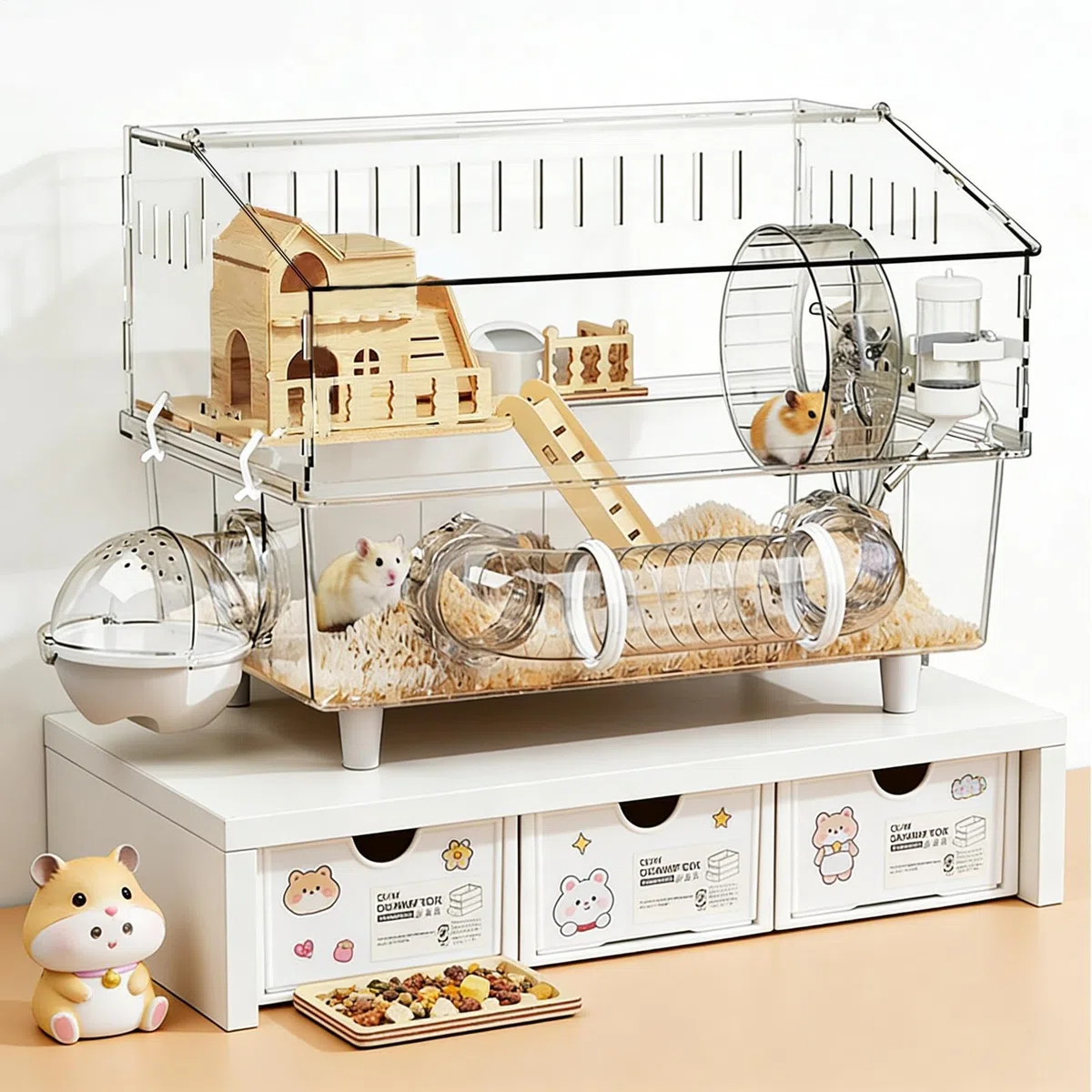 Hamsterkäfig 2-stöckiger durchsichtiger Auslauf | Geräumiger Hamsterkäfig mit Trinkflasche und Toilette für Kleintiere wie Meerschweinchen, Beobachtung zu Hause oder