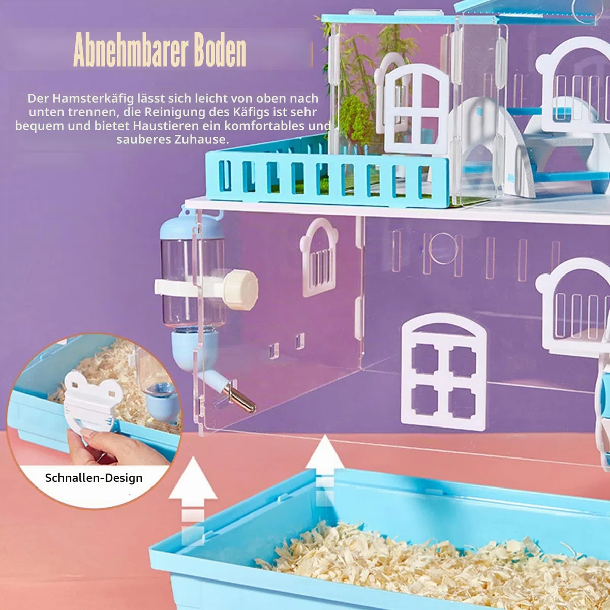 Hamsterkäfig für Hamster Zwerghamster Syrian Habitate für Kleintiere 3 Ebenen Hamsterkäfig aus Acryl komplett transparent mit Spielzeugsets (3 Schichten) ((Pink)