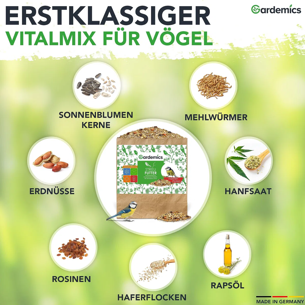 Gardemics Vogelfutter Wildvögel ganzjährig 10 Kg - Mit Mehlwürmern - Premium Protein Wildvogelfutter Ganzjahresfutter für Artenvielfalt im Garten