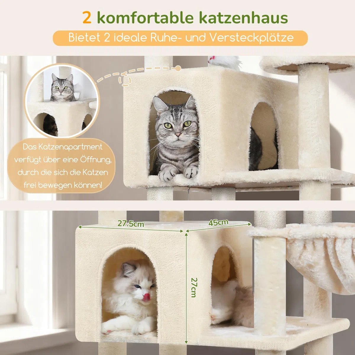 Globlazer S82 Kratzbaum Beige Groß XXL Stabil 210cm für Mehrere Groß Katzen | Luxus Katzenbaum mit mit 2 Katzenhaus, Große Plattform, 3 Korb, Sitzstangen, für 3-5 Große Katze Ausruhen Spielen Kratzen