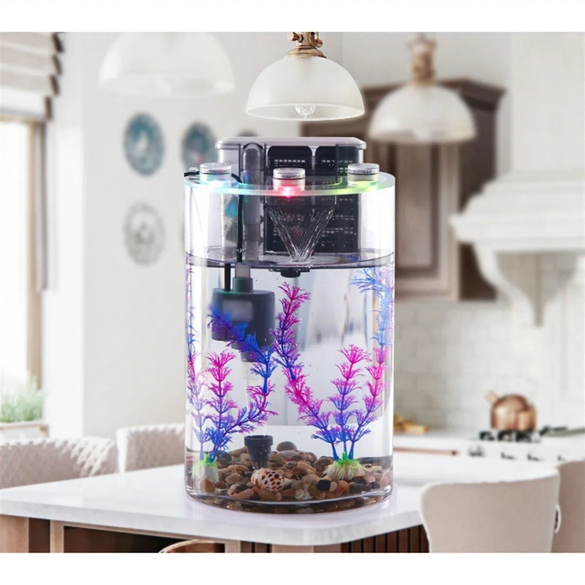 Aquarium, zylindrisch, transparentes Glas, verdicktes kleines Aquarium mit Filterpumpe und LED-Lichtern, einfaches ökologisches Aquarium, Wohnzimmer