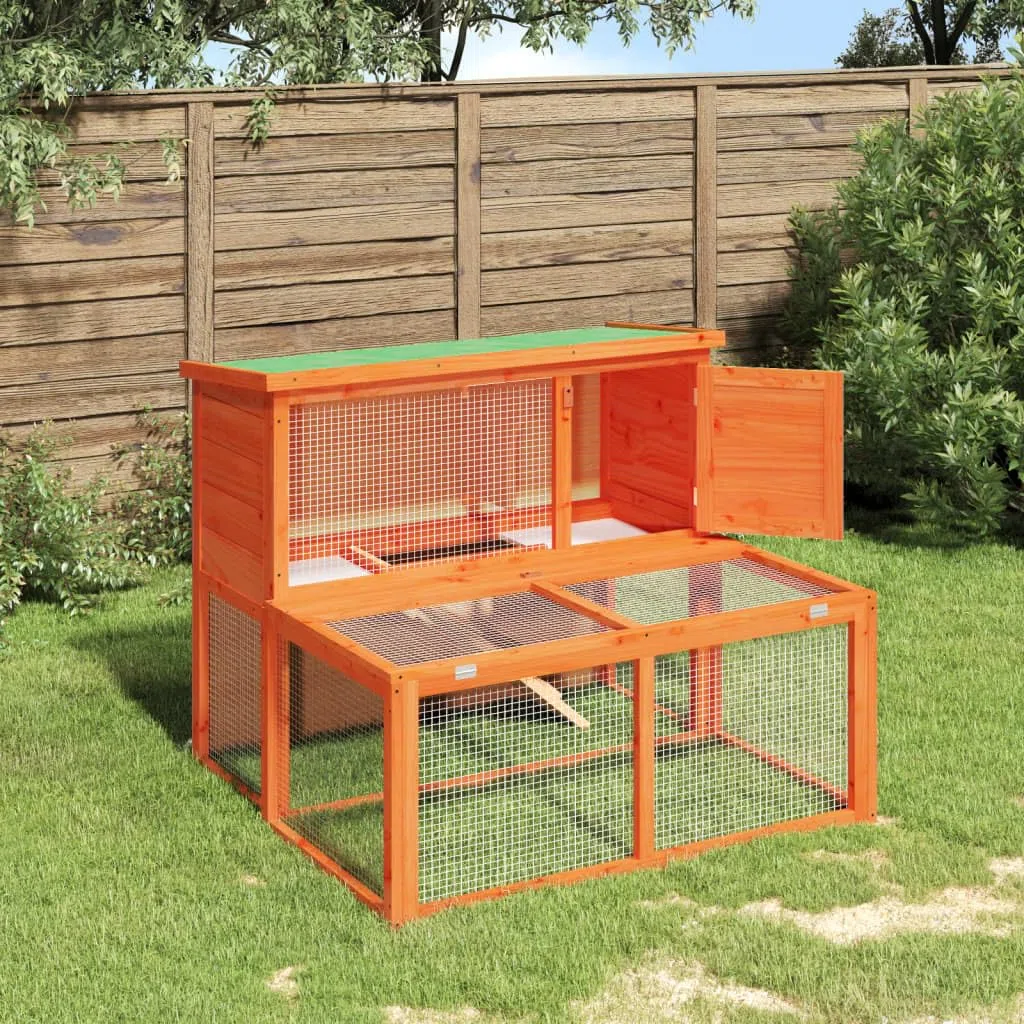 Kaninchenstall Braun aus massivem Kiefernholz 102 x 90 x 84,5 cm, Freilauf Gehege mit Rampe, Gitter, Auslauf, Dach und Wanne für Kaninchen, Meerschweinchen, draußen