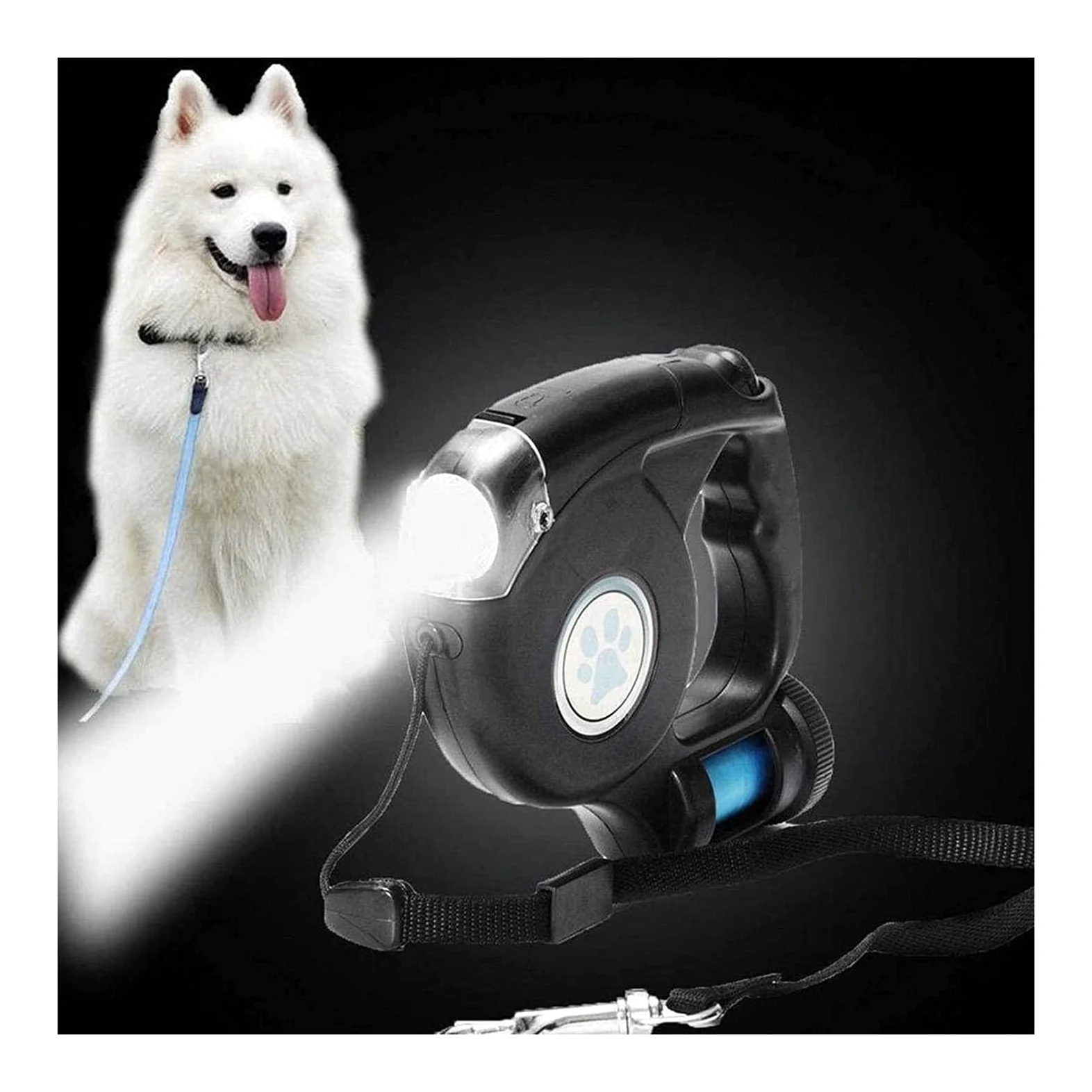 GOUJIAN 5M/16Ft Einziehbare Hundeleine, Strapazierfähige Hundeleine Mit LED-Taschenlampe Und Abfallbeutel, Einhandbremse, Starkes Nylonband, Verwicklungsfrei Dog Leash | Noir
