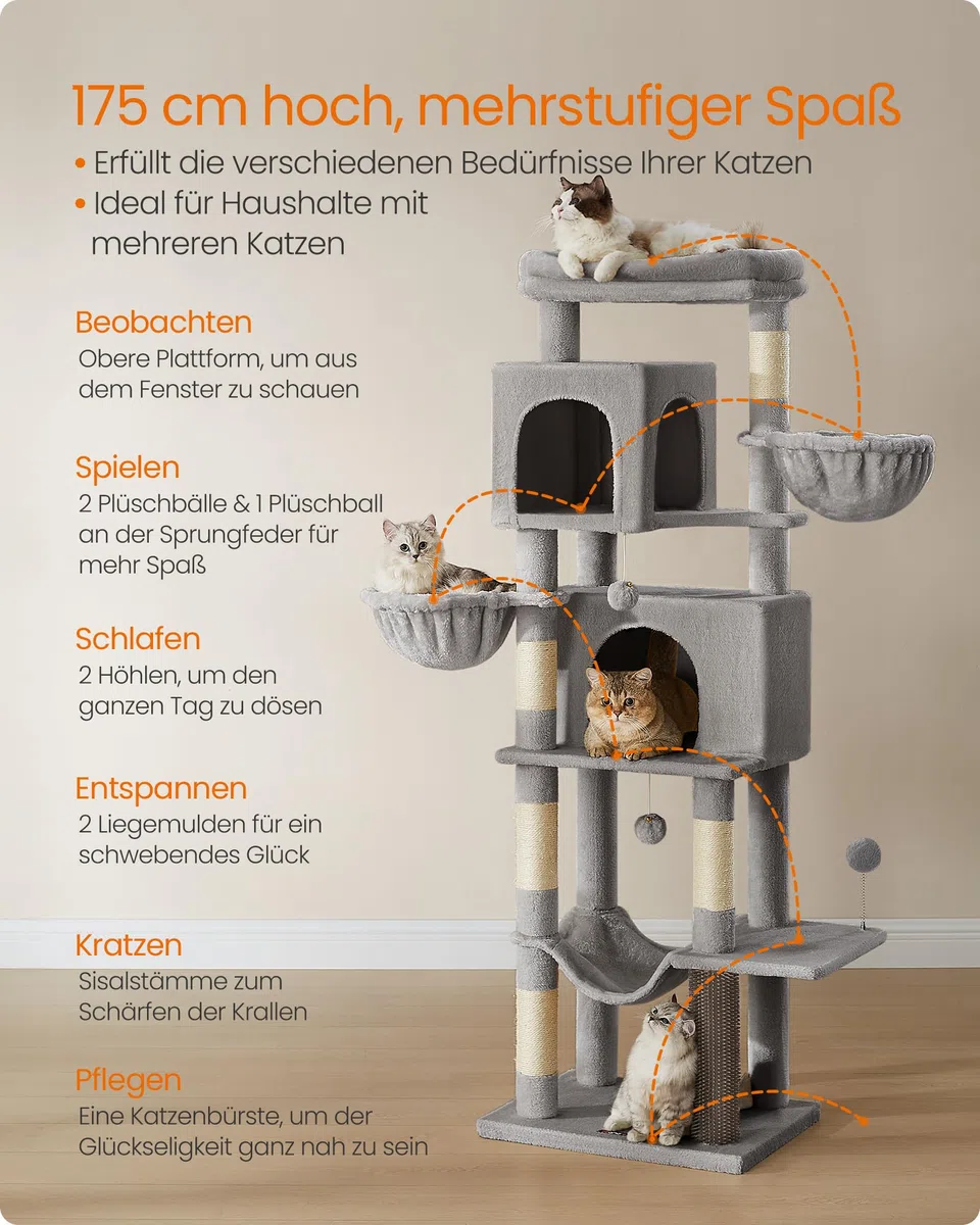 Feandrea Kratzbaum, 175 cm hoch, XL, mehrstöckiger Katzenbaum mit 2 Höhlen, 2 Liegemulden, 5 Kratzsäulen, Katzenbürste, große Plattform, Taubengrau PCT182G01
