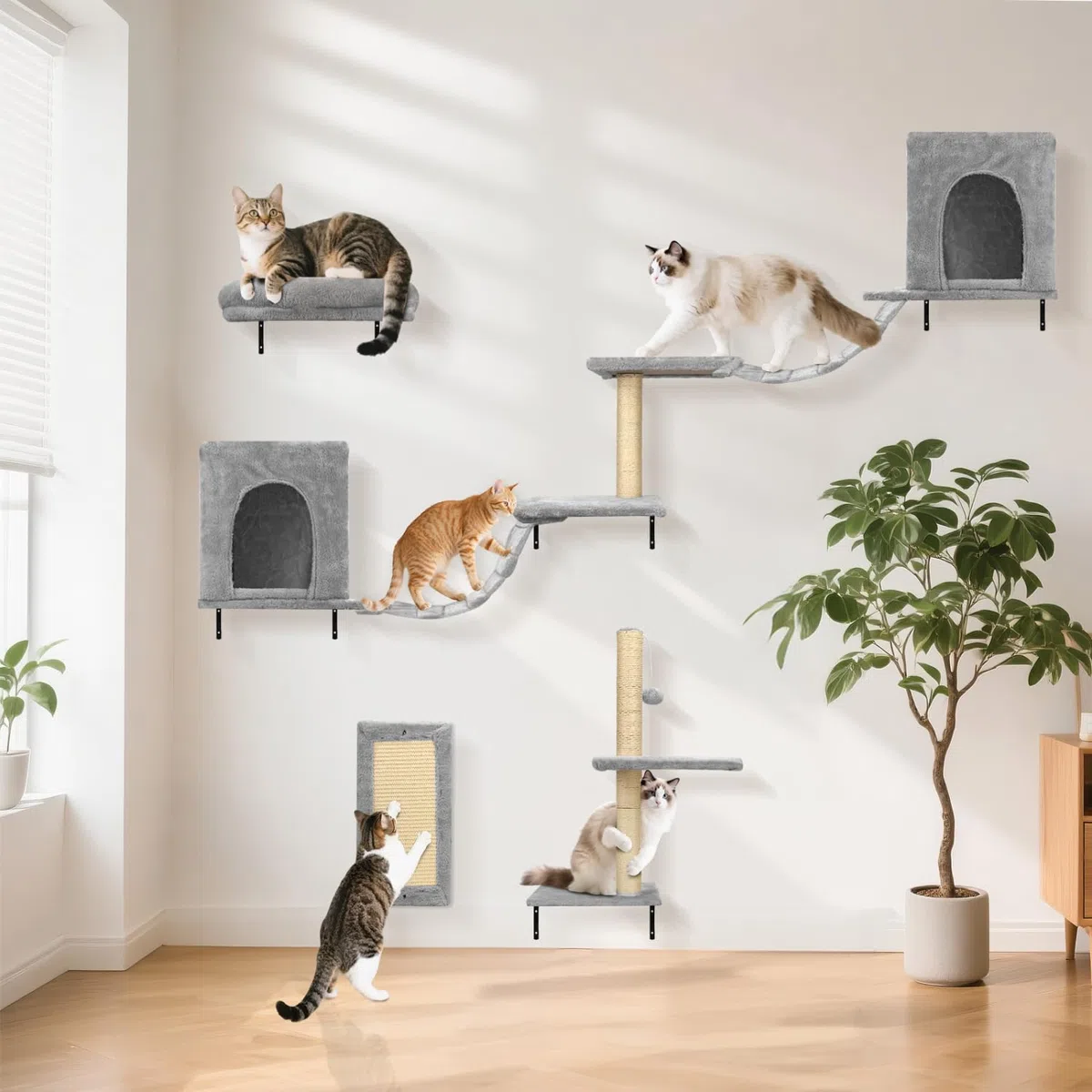 Nobleza Kletterwand Katzen 6 Set, 2 Katzenhäuser mit stabilen Kratzsäulen, Hängebrücke & festem Kratzbrett - Stabiles Katzen wandelemente für Schlafen, Spielen, Lounging bis 10 kg