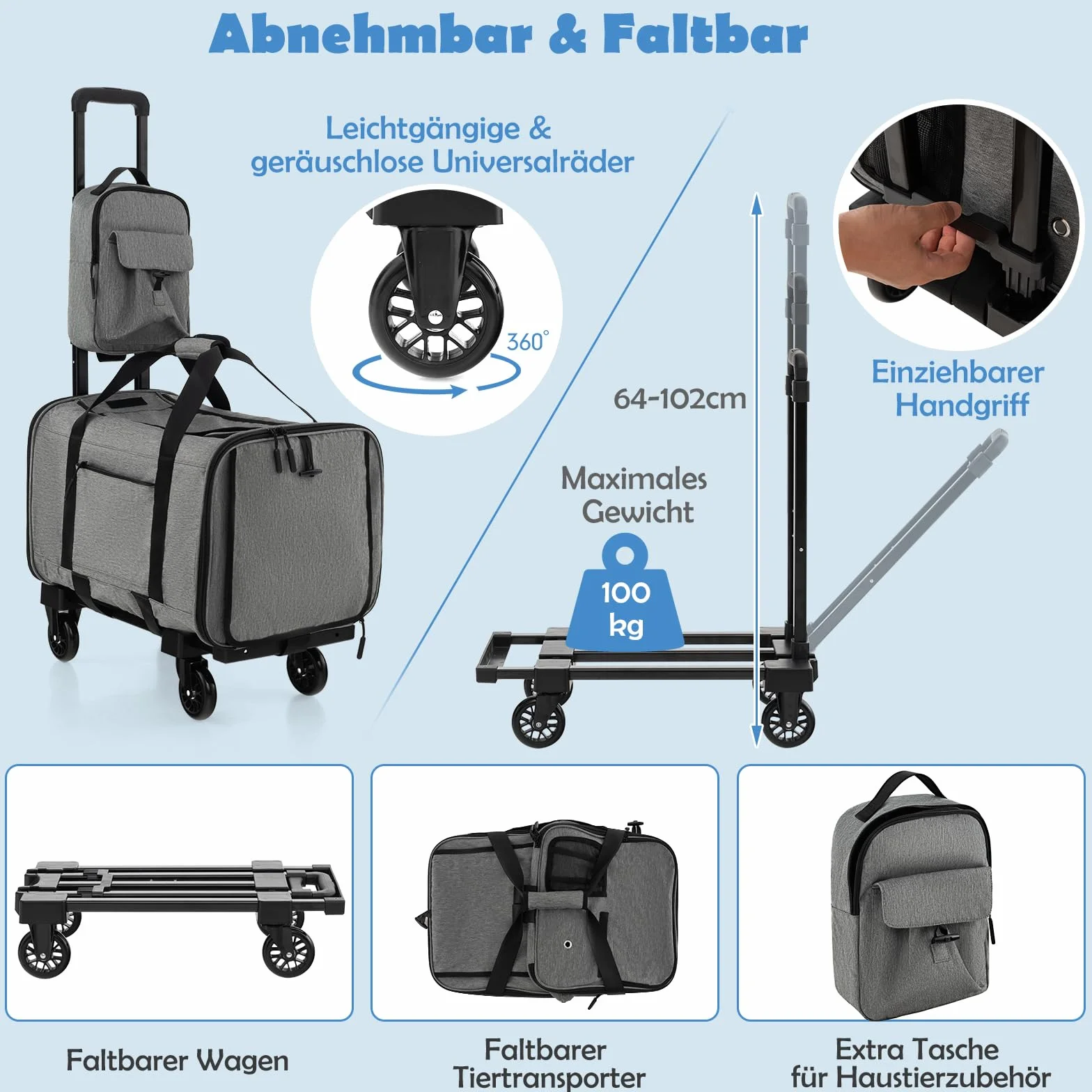 COSTWAY Transportbox Katze, Hunde Tragetasche Mobil, Transporttasche mit Teleskopgriff & Rädern & kleine Tasche, klappbare Reisebox für kleine & mittelgroße Haustiere, Hundebox Katzentasche, Grau