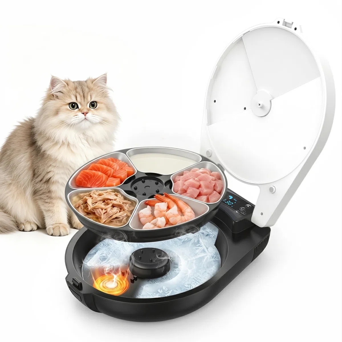 Futterautomat Katze Nassfutter mit Halbleiter-Kühlung & Heizung, 3 Tage Frisch Nassfutterautomat für Katzen, Programmierbarer Futterautomat für 5 Mahlzeiten, 304 Edelstahlschalen Leicht zu Reinigen