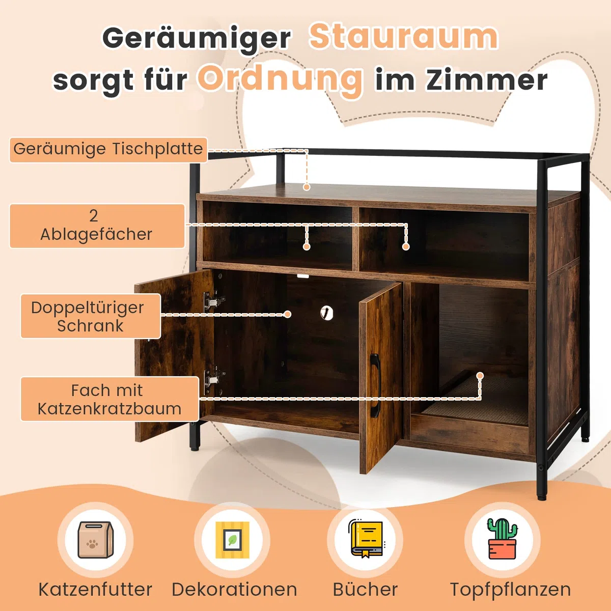 COSTWAY Katzenschrank Katzentoilette mit Doppeltüren & Kratzunterlage, Katzenhaus mit offenem Regal & 2 Fächern, Katzenhöhle Katzenklo Schrank, für Katzen Hunde Haustier (Braun)