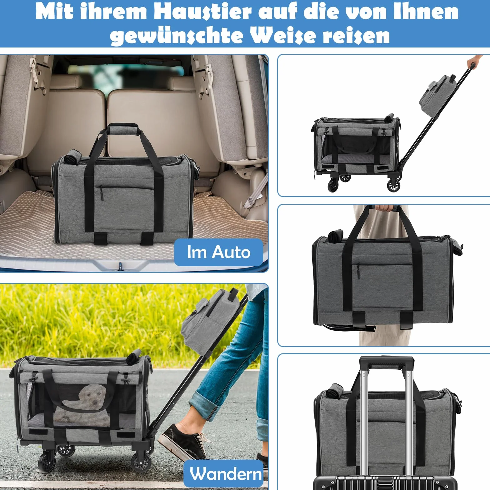 COSTWAY Transportbox Katze, Hunde Tragetasche Mobil, Transporttasche mit Teleskopgriff & Rädern & kleine Tasche, klappbare Reisebox für kleine & mittelgroße Haustiere, Hundebox Katzentasche, Grau