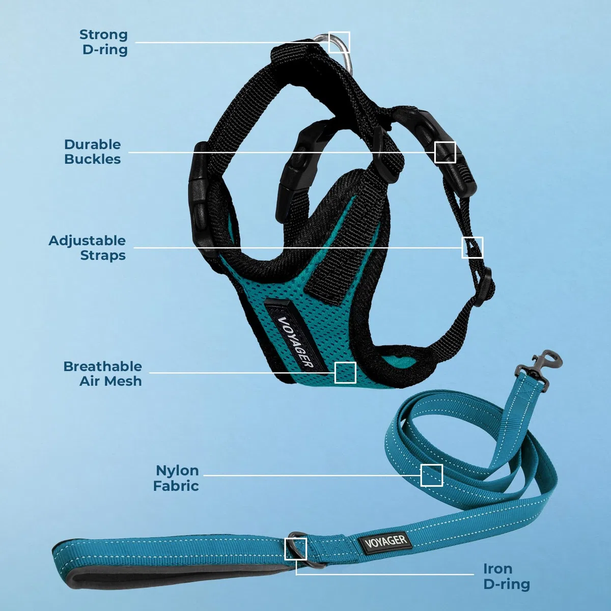 Voyager Step-In Lock Hundegeschirr und reflektierende Hundeleine, Kombi-Set mit Neoprengriff, 1.5 m lang, unterstützt Welpen/Katzen kleine, türkis-schwarzer Rand (mit Leine), XL