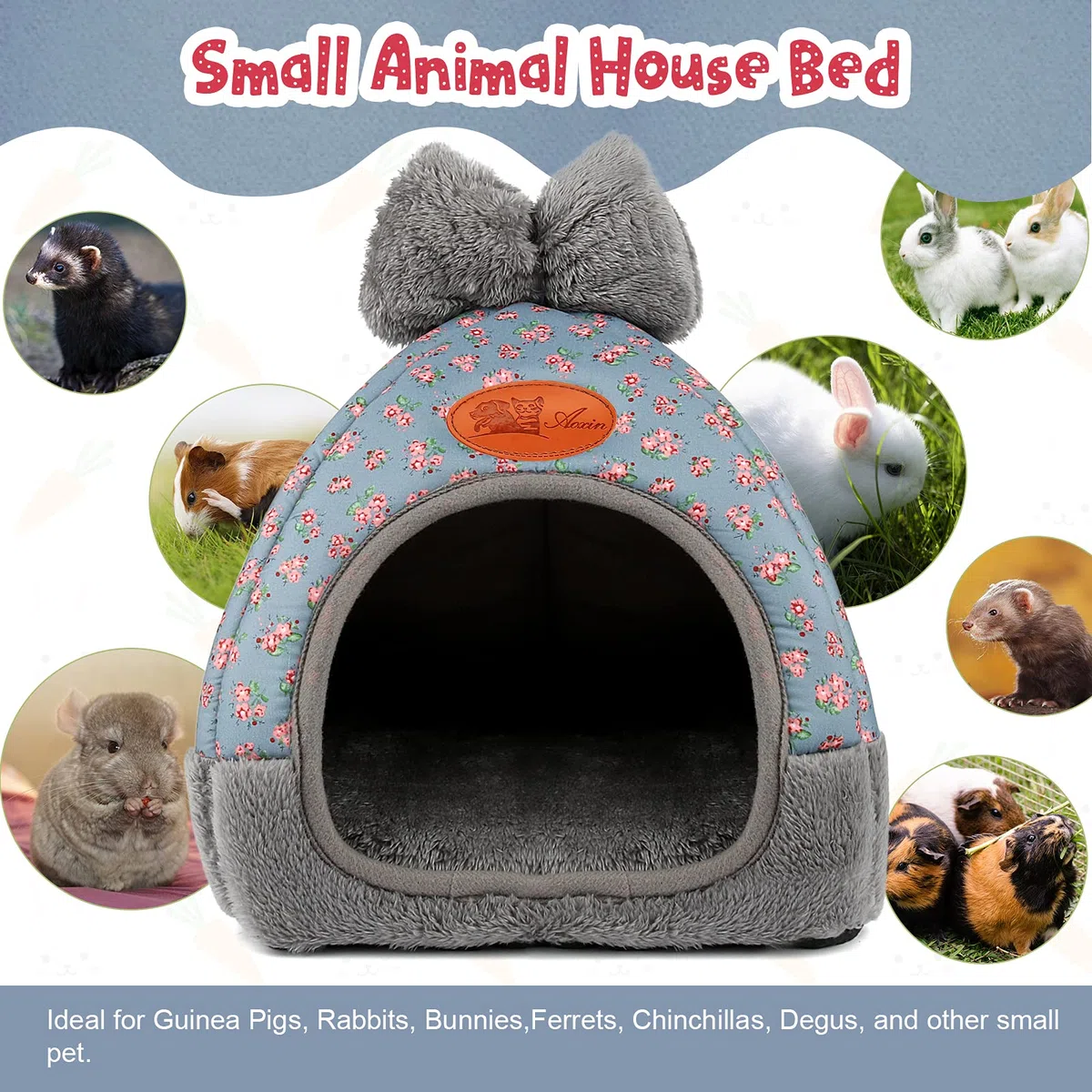 YUEPET Hasenbett, warmes Meerschweinchen-Höhlenbett, niedliche Schleife, großes Versteck, Käfigzubehör für Zwergkaninchen, Hamster, Kaninchen, Frettchen, Ratten, Igel, Chinchilla (Blume)