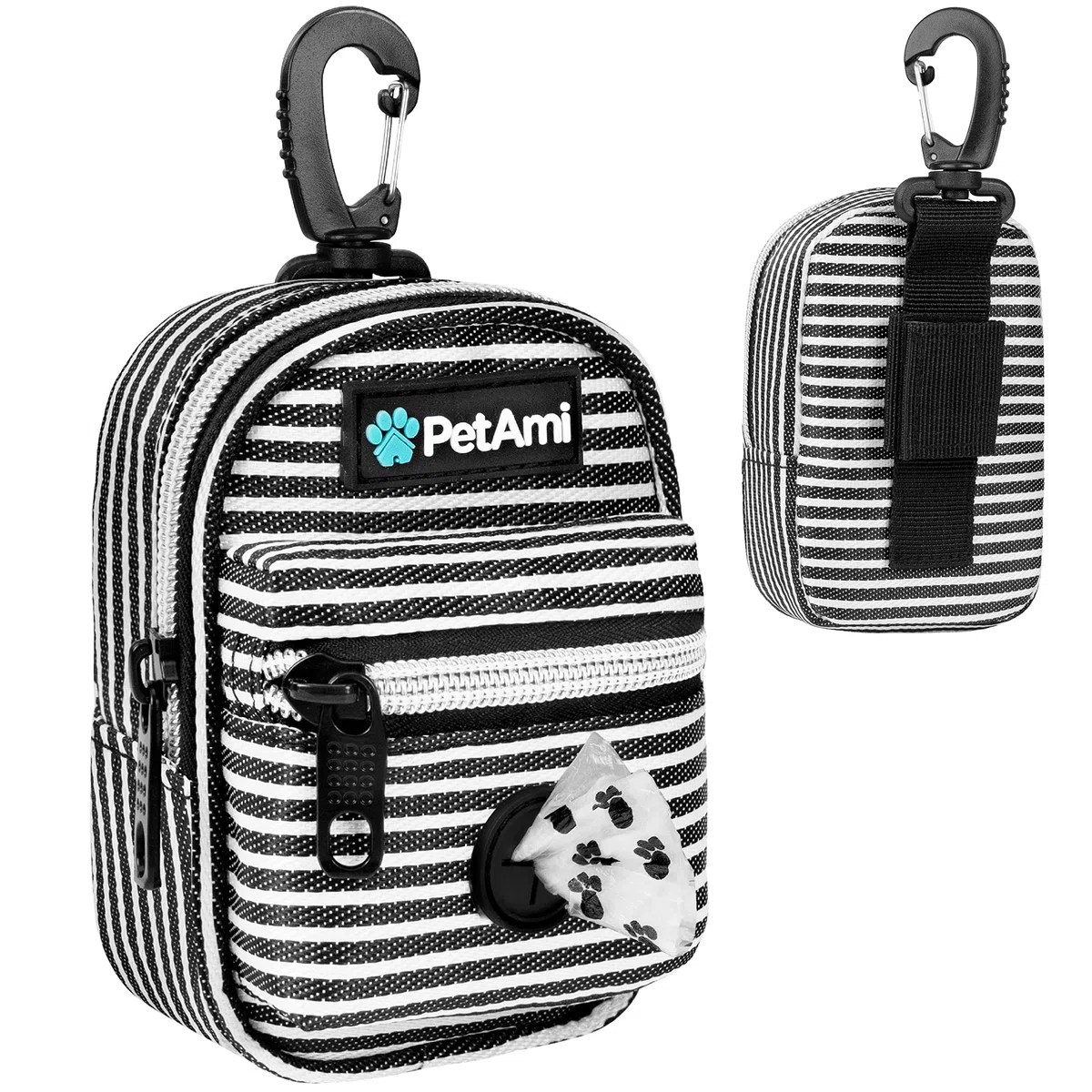 PetAmi Hundekotbeutelhalter,Hundekotbeutelspender mit Clip für Leine und Gürtel,Tragbarer Stoff Hundekotbeutelhalter für Spaziergänge Wandern Laufen Reisen – mit einer Rolle Hundetasche (gestreift) | Zubehör für Hunde und Welpen, für Reisen, Camping, Leck