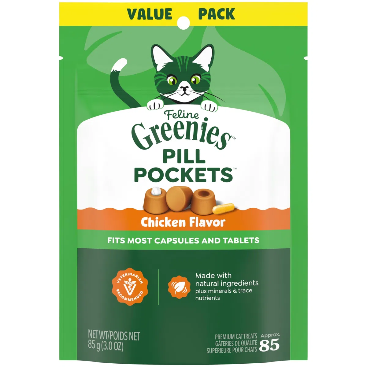 Feline Greenies Pillentaschen für Katzen, natürliche weiche Katzen-Leckerlis, Huhn-Geschmack, 85 ml, 85 Stück