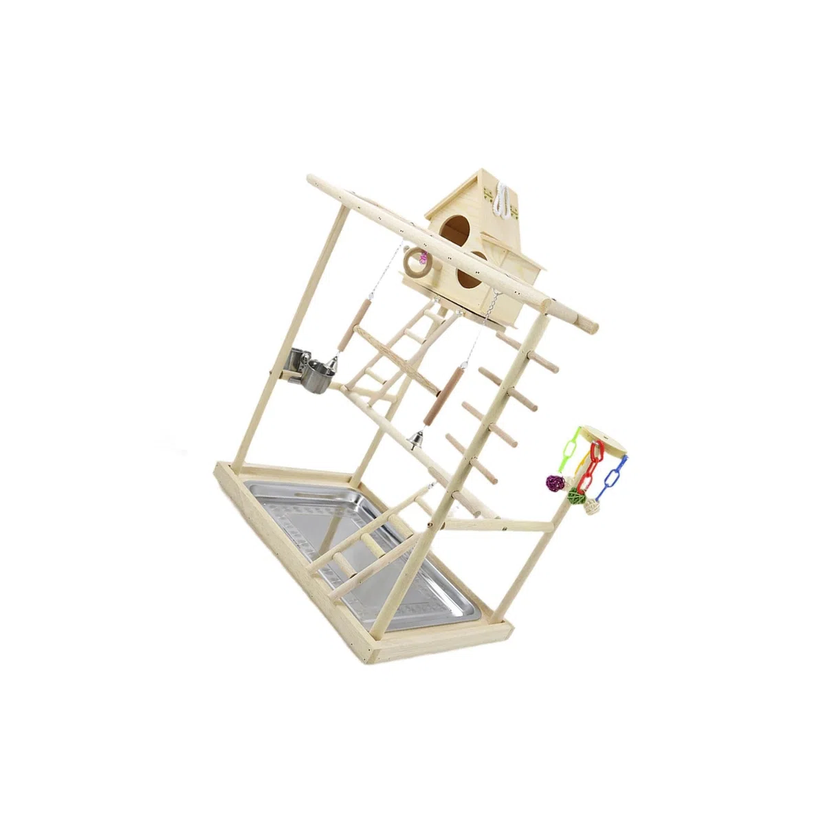 Interaktiver Vogelspielplatz mit DREI Ebenen, Sitzstangen und Leitern für optimale Bewegung Kleiner Vögel – ideal zum Klettern und Spielen.