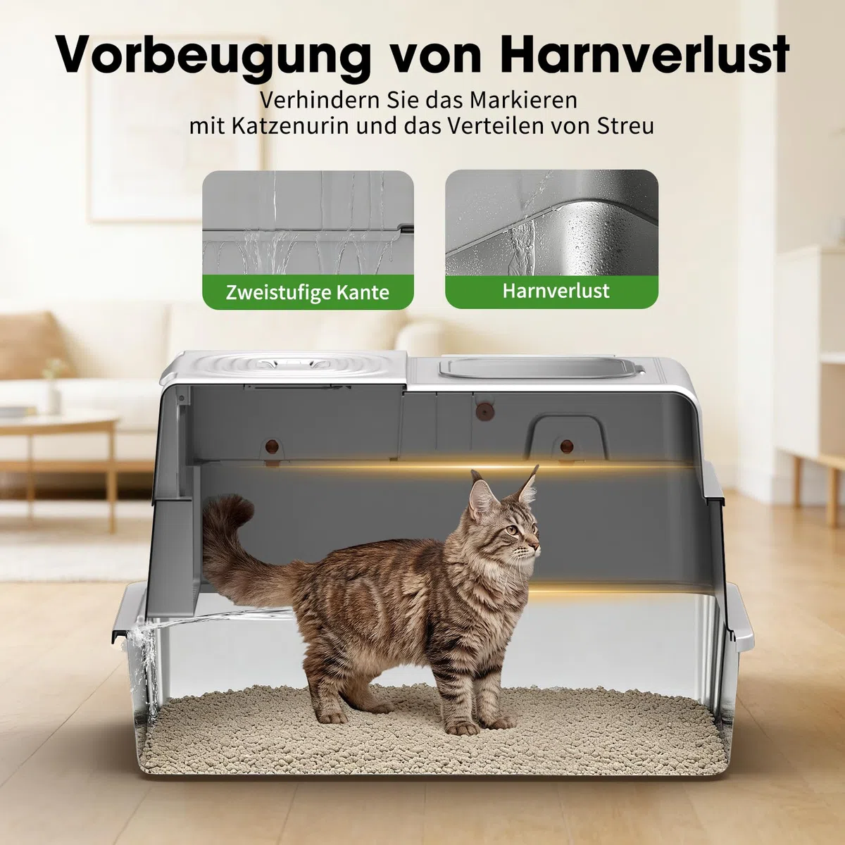 Edelstahl Katzentoilette mit Deckel, XXXL Katzenklo für große Katzen, geschlossene Katzenstreu Box mit Geruchsfilter & Doppeltür, leicht zu reinigen, antihaftbeschichtet, langlebig, Hellgrau