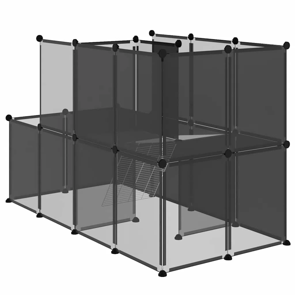 Kleintierkäfig Schwarz 142x74x93 cm aus PP und Stahl mit 24 Paneelen, rutschfesten Matten, Holzhammer, faltbar für Kaninchen, Meerschweinchen, Hamster, Nager, Indoor und Outdoor Nutzung