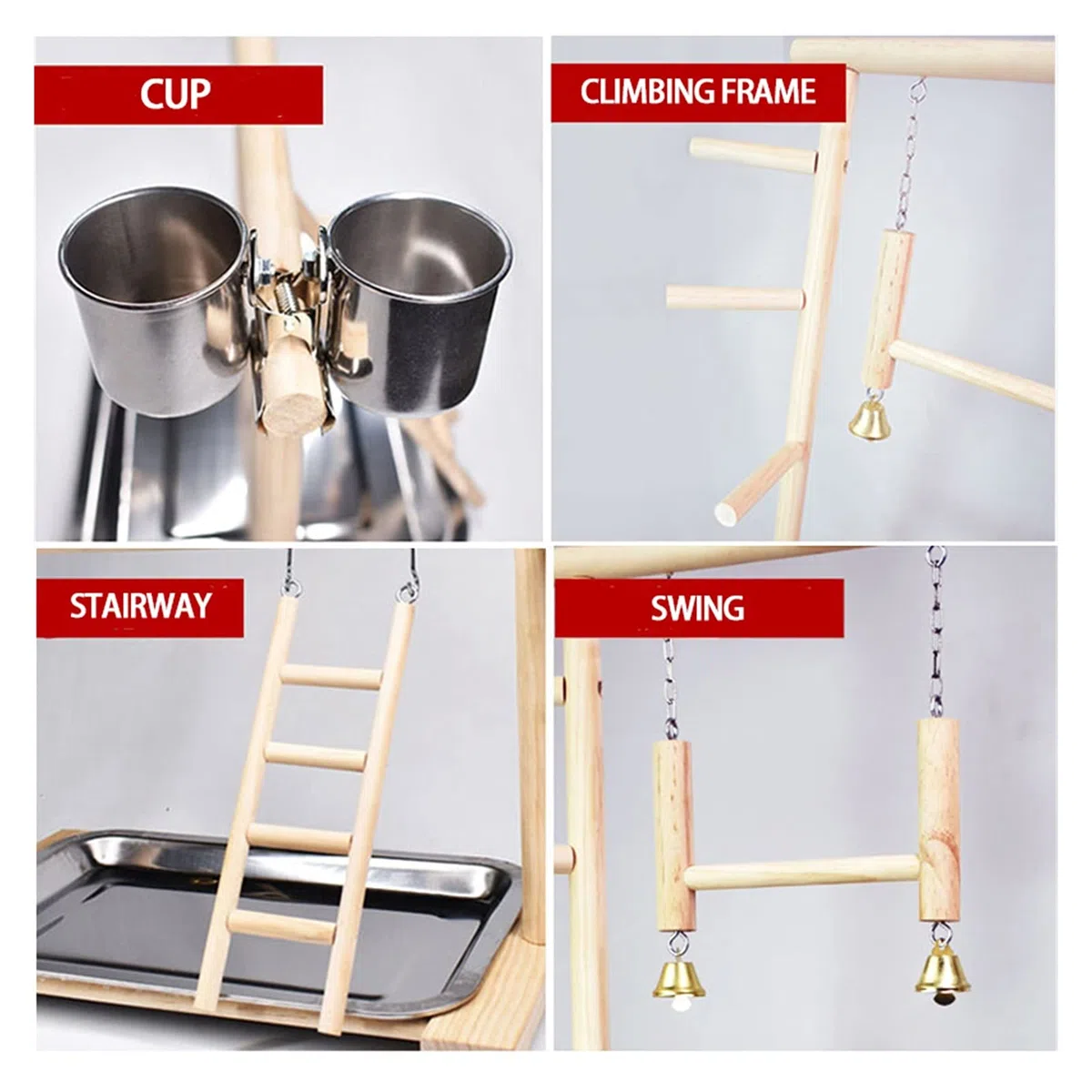 Vogelspielzeug Papageispielstände mit Tasse Toys Tablett Vogel Swing Klettern Hängende Leiterbrücke Holz Cashatiel Spielplatz Vogelperches