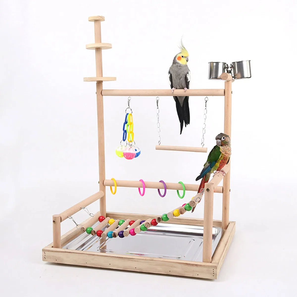 Vogel Sitzstangenständer Papageien Spielständer Mit Edelstahl Tablett Futternäpfe Leiterschaukel Kunststoff Kauspielzeug Für Vögel Vogelspielplatz Naturholz Sitzstangenständer Mit Schüsseln