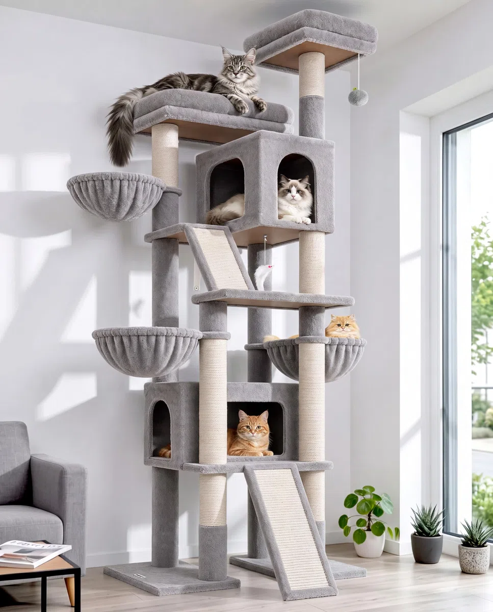 Globlazer F78 Kratzbaum XXL für Große Katzen 200 cm Stabil katzenbaum Innen | Mehrstöckiger, Stabiler, Große Kratzbaum 2 Meter mit 2 Extragroß Katzenhäus, Großen Liegebereich, 3 Korb für Mehrere Katzen