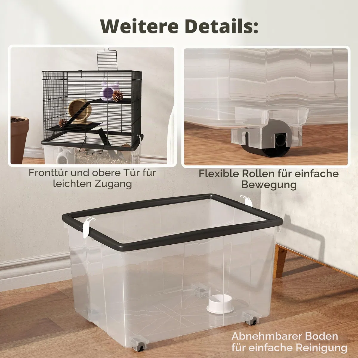 PawHut 3-stöckiger Hamsterkäfig mit 31 cm tiefem Boden und Rädern, Gerbilhaus mit Rampen, Napf, Flasche, 58x43x74 cm, Schwarz | Tiefe Basis 31 cm, Rennmaushaus mit Rampen, Schüssel, Flasche