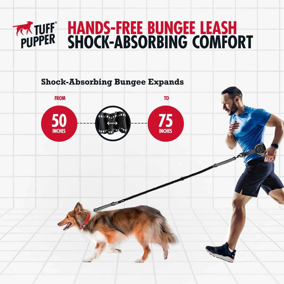 Robuste, freihändige Hundeleine von Tuff Pupper | Ein großer Hund bis 55 kg | Bequemer, stoßdämpfender Bungee | Reflektierende gepolsterte Griffe | Lendengürtel 55-110 cm | Leine zum Joggen und Laufen