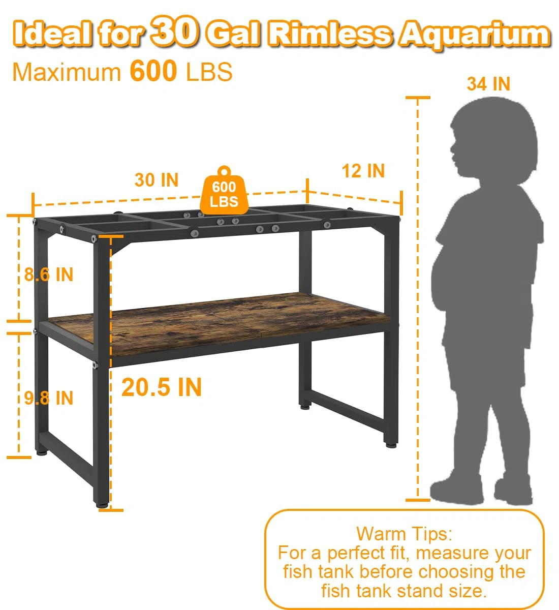 Mondazie Randloser Aquariumständer mit Ablage zur Aufbewahrung, 2 Etagen, Metall-Aquariumständer, Züchtertank, Schildkröte, Reptilien-Terrarien, Ständer für Heimbüro, 76,2 cm L x 30,5 cm B x 52,1 cm H