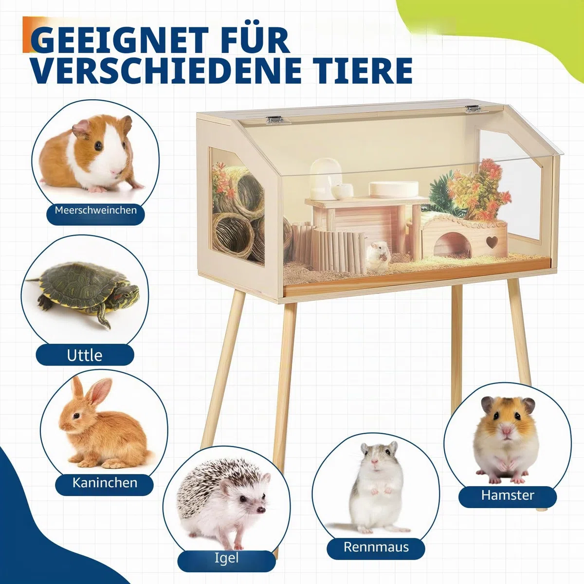 Hamsterkäfig mit Beinen, Großes Hamstergehege mit Acrylglasfenster und zu öffnendem Deckel, Käfige Laufställe für Kleintiere für Meerschweinchen, Chinchillas und Rennmäuse,81x40x102cm