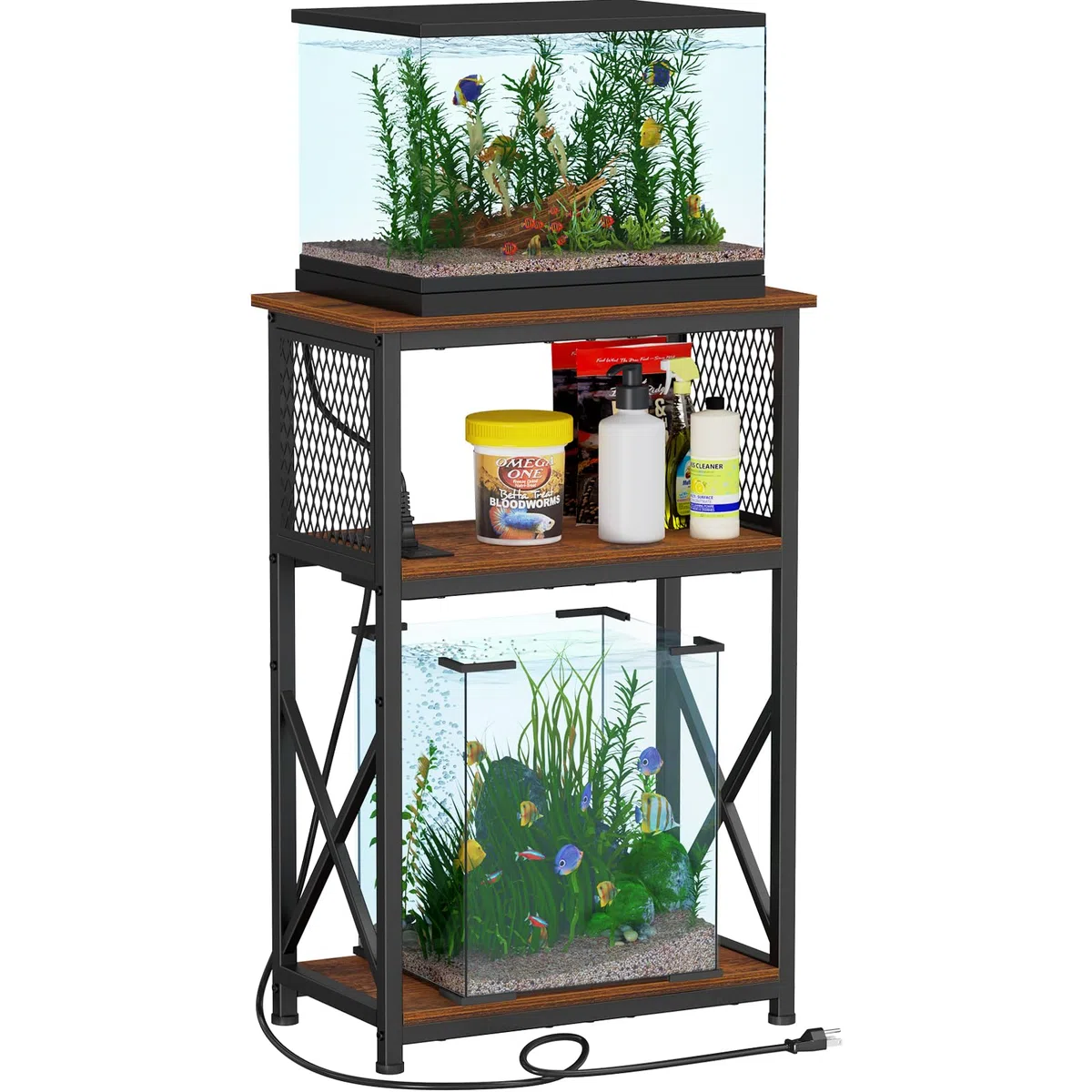 Snughome Aquarium-Ständer mit Steckdosen, 3 Etagen, schweres Metall, Reptilien-Tankregal, 52 x 29 x 78,5 cm, rustikales Braun