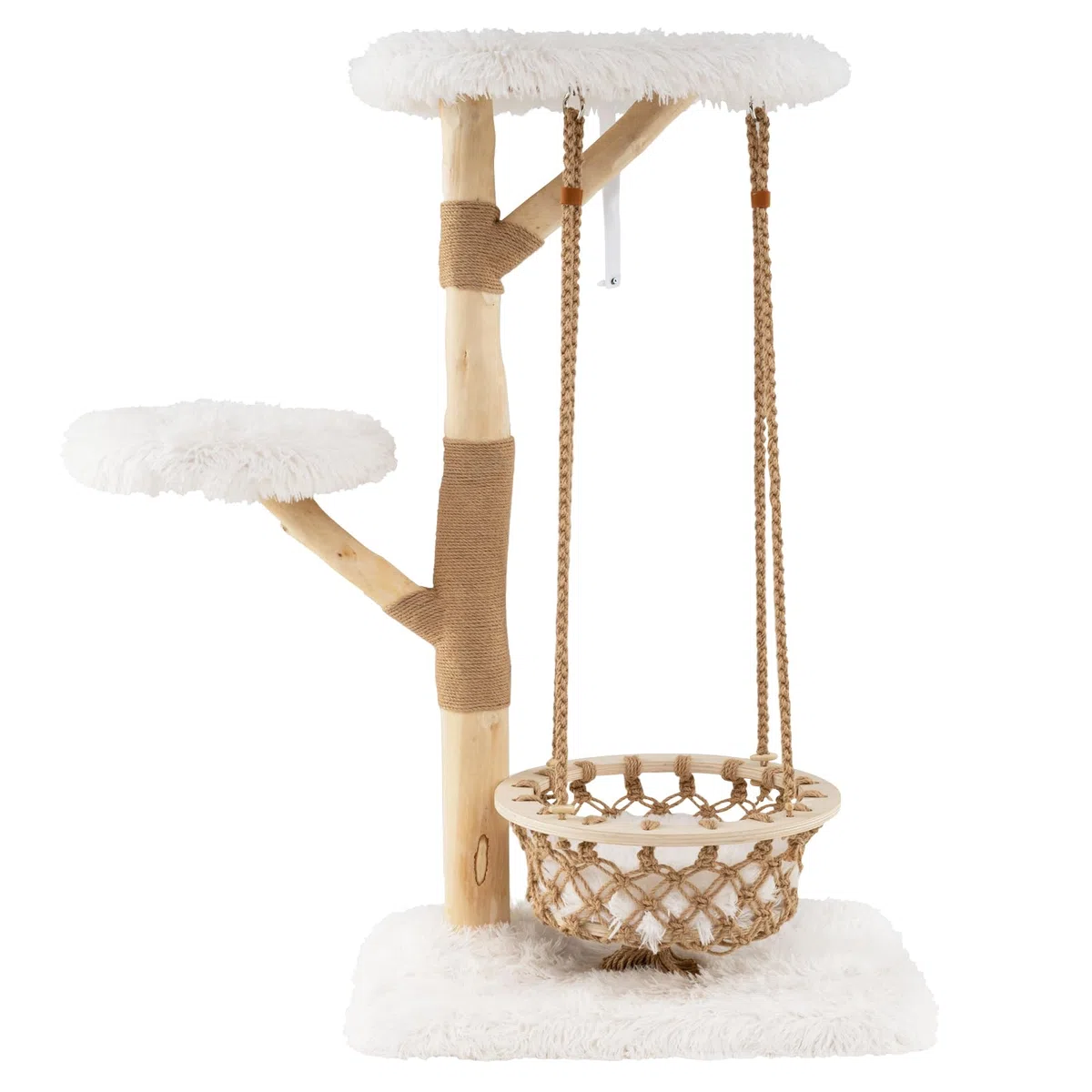 SOARS Kratzbaum Holz, 123 cm Katzenbaum mit 2 Plüschplattformen, Hängematte als Schaukel, Naturstämme, Katzenkratzbaum stabil, Kletterbaum für Katzen, Katzenmöbel