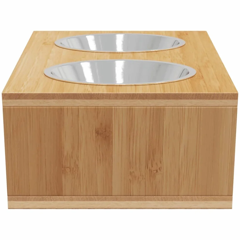 Erhöhte Hundenäpfe mit Bambusrahmen und Edelstahl 35,5x18x10,5 cm, 2 herausnehmbare Futternäpfe 0,35 L, rutschfestes Design für Hund und Welpe, ideal als Futterspender und Wassernapf