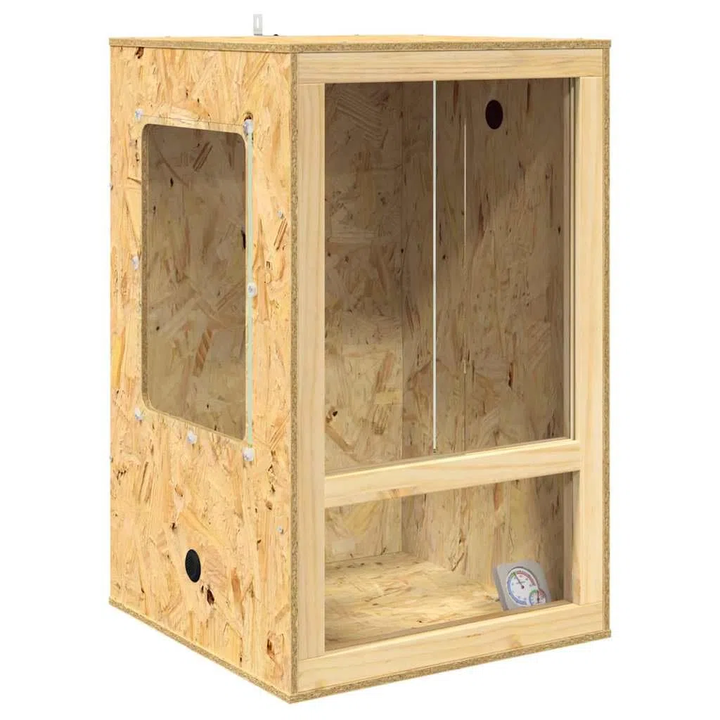 OSB Terrarium Braun 50 x 50 x 80 cm quadratisches Reptilien Terrarium mit Glasfront und Thermometer für Amphibien und Nagetiere