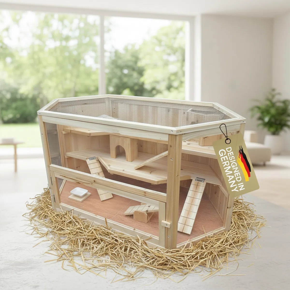 Mucola Kleintierkäfig Hamsterkäfig Holz 3-stöckig 115x60x58 cm Braun | Oben aufklappbarer Zugang, Rampen zwischen den Etagen, leicht zu reinigen, für Hamster, Ratten und andere Nager geeignet