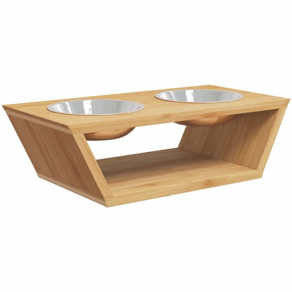 Erhöhte Hundenäpfe mit Bambusrahmen und Edelstahl 35,5x18x10,5 cm, 2 herausnehmbare Futternäpfe 0,35 L, rutschfestes Design für Hund und Welpe, ideal als Futterspender und Wassernapf
