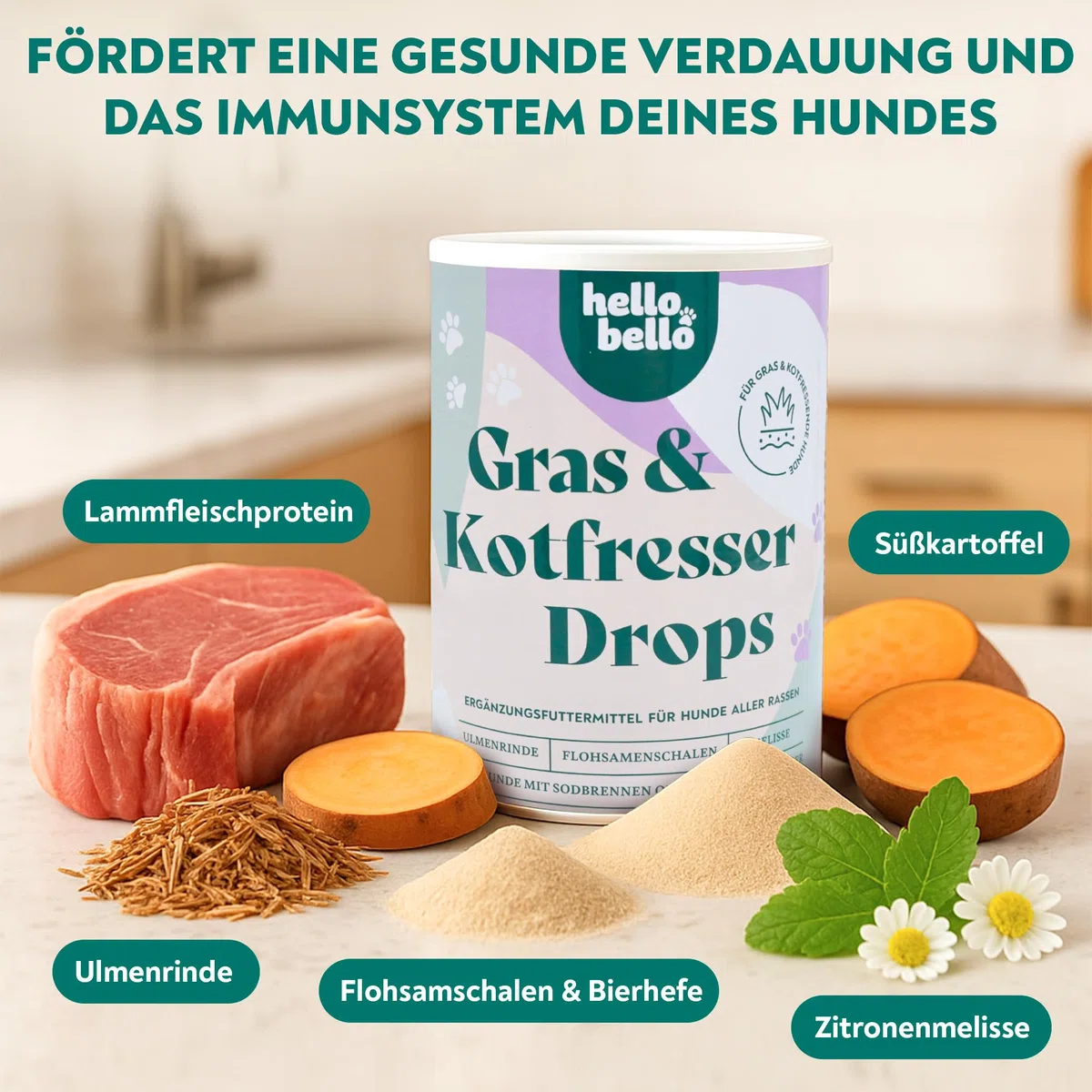 HELLOBELLO kaltgepresste Gras- & Kotfresser Drops für Hunde 1x350g Soft mit Ulmenrinde - getreidefrei, Flohsamenschalen, Melisse, Kamille und Pflanzenkohle - gegen Sodbrennen und Grasfressen