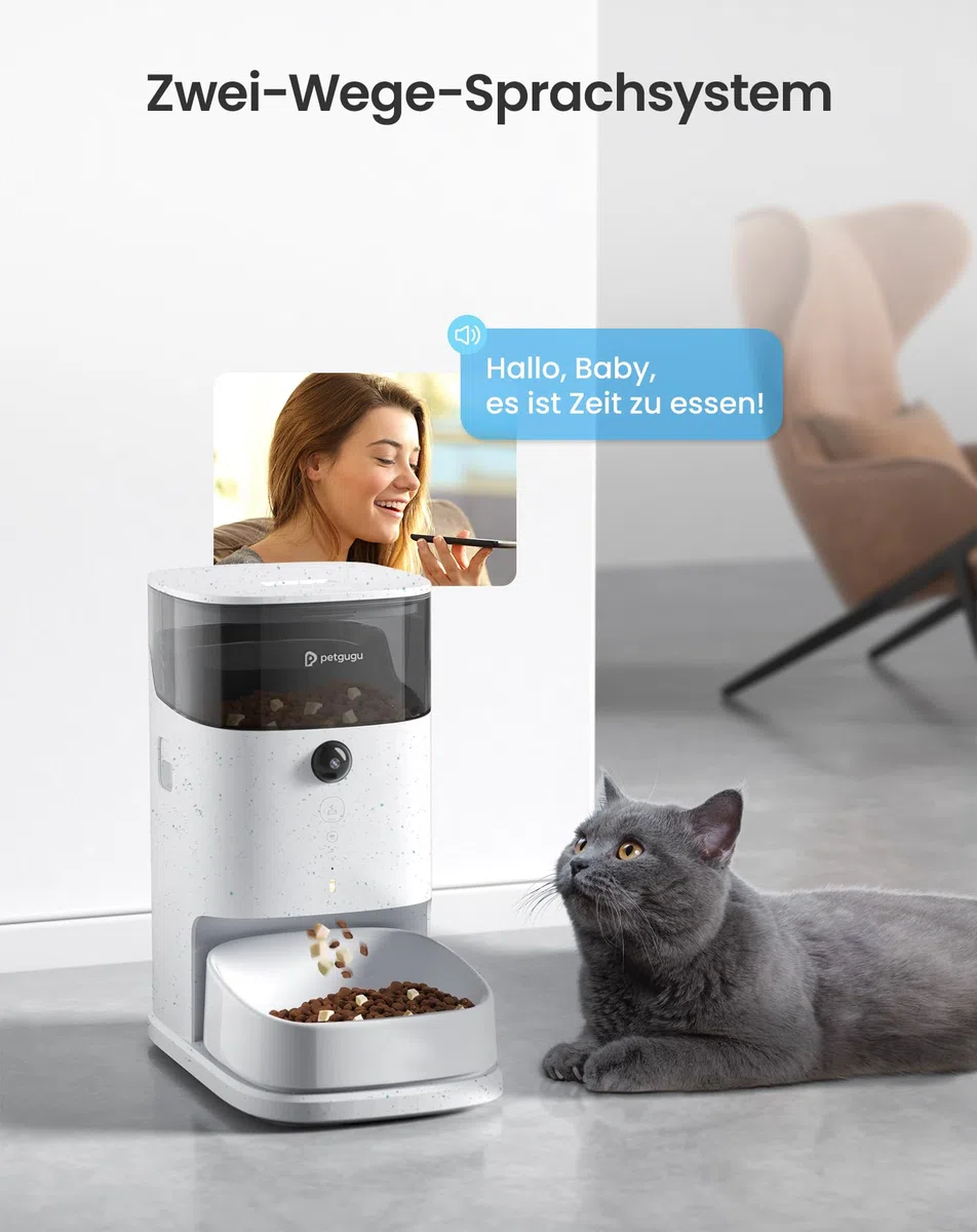 PETGUGU Automatischer Futterautomat Katze, Katzenfutter Automat mit Timer, APP-Steuerung, Abnehmbarer Keramik Katzennapf und Hundenapf, Für Katzen, Kleine Hunde und Mehrere Haustiere, PF2
