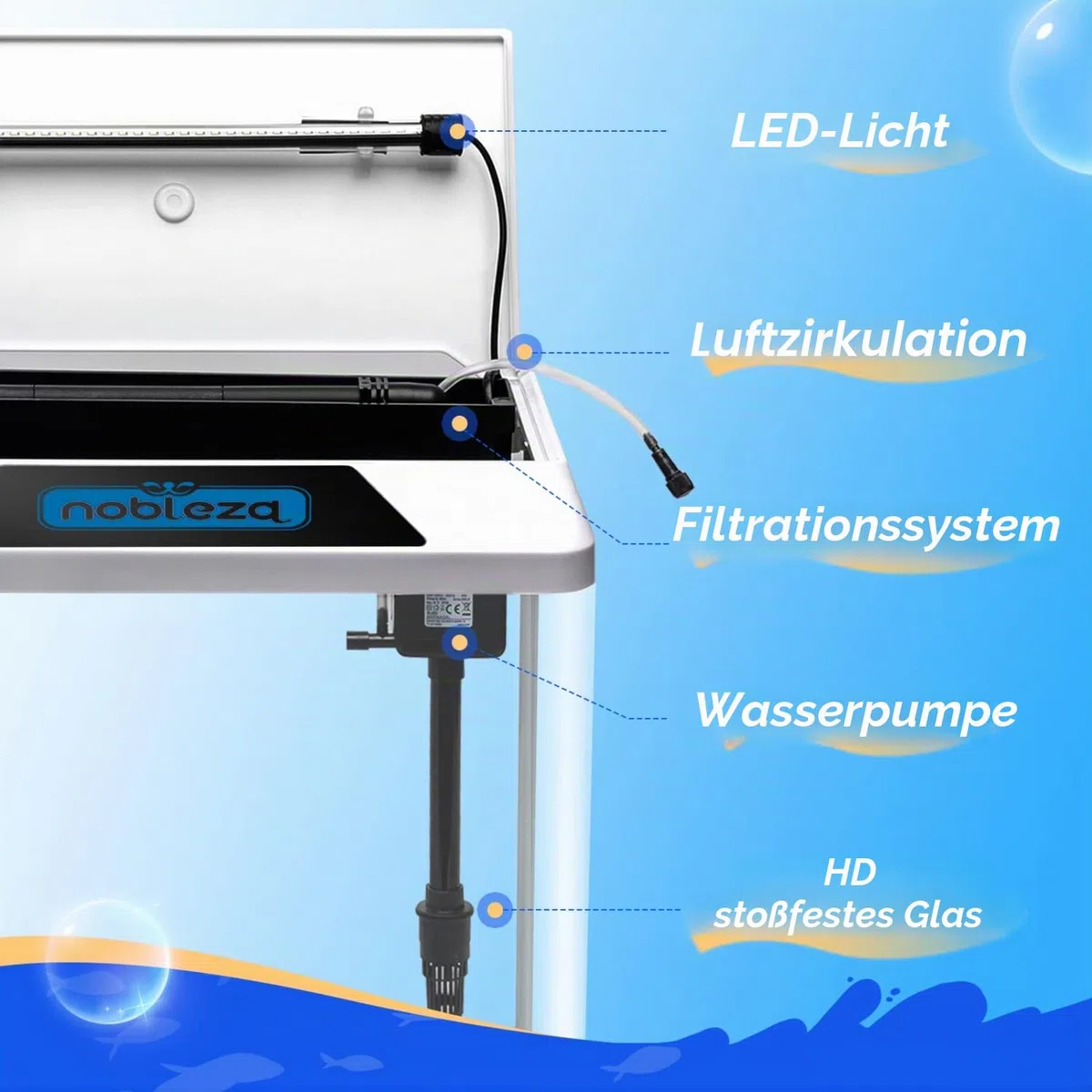 Nobleza Glas 30L Mini Aquarium Komplettset mit LED-Beleuchtung und Filtersystem, Weiß