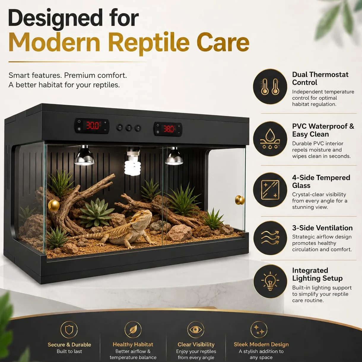 Reptilien-Vivarium, 80 x 40 x 40 cm, Reptilien-Terrarium mit doppeltem Thermostat und Keramik-Lampenfassung, 3-seitige Belüftung, stapelbares Glas-Reptiliengehege für Bartagamen, Schlange, Frosch