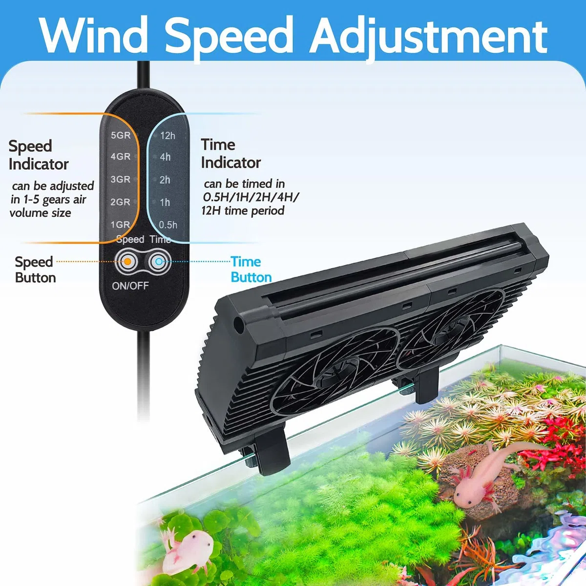 Aquarium-Kühlventilator – Aquarium-Kühlventilator mit einstellbaren 5 Windgeschwindigkeiten und Timer-Controller, geeignet für randlose Aquarien mit einer Dicke von < 1,5 cm (2 Lüfter)
