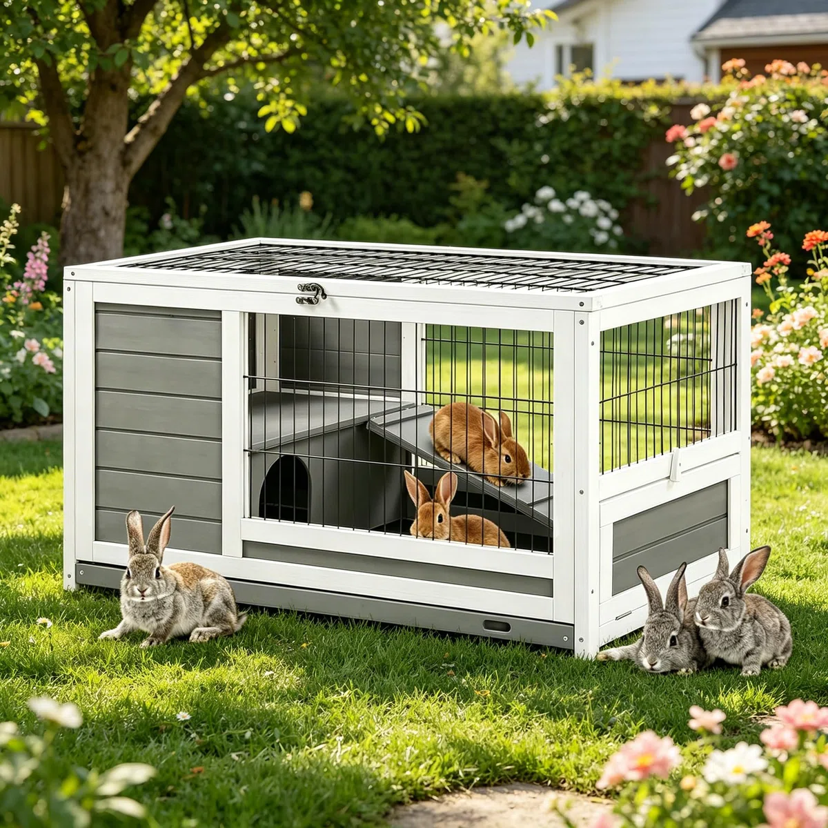 YODOLLA 90 cm Hasenstall Kaninchenstall Kleintierhaus mit Auslauf | Kaninchenkäfig für Kaninchen & Meerschweinchen, wetterfester Holzstall, Herausnehmbare Schalen zur leichten Reinigung