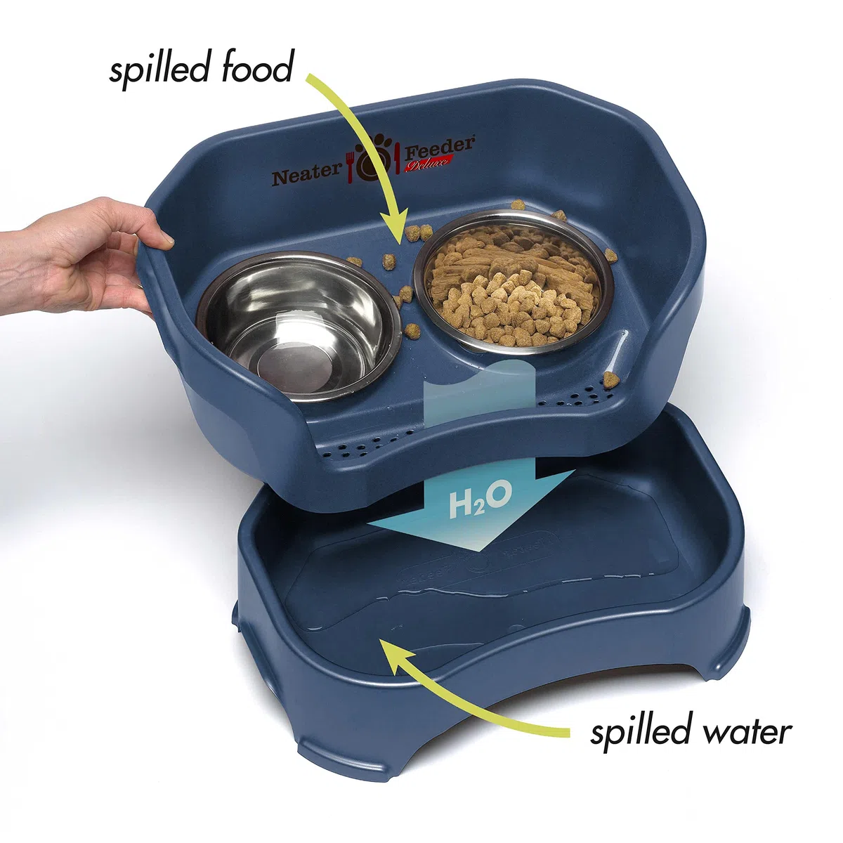 Neater Feeder Deluxe-Hundenäpfe für mittelgroße Hunde (8,6–18,1 kg), 2 höhenverstellbare (25,4 cm & 31,8 cm), kein Verschütten, erhöhter Futternapf, Edelstahl, hergestellt in den USA, Dunkelblau
